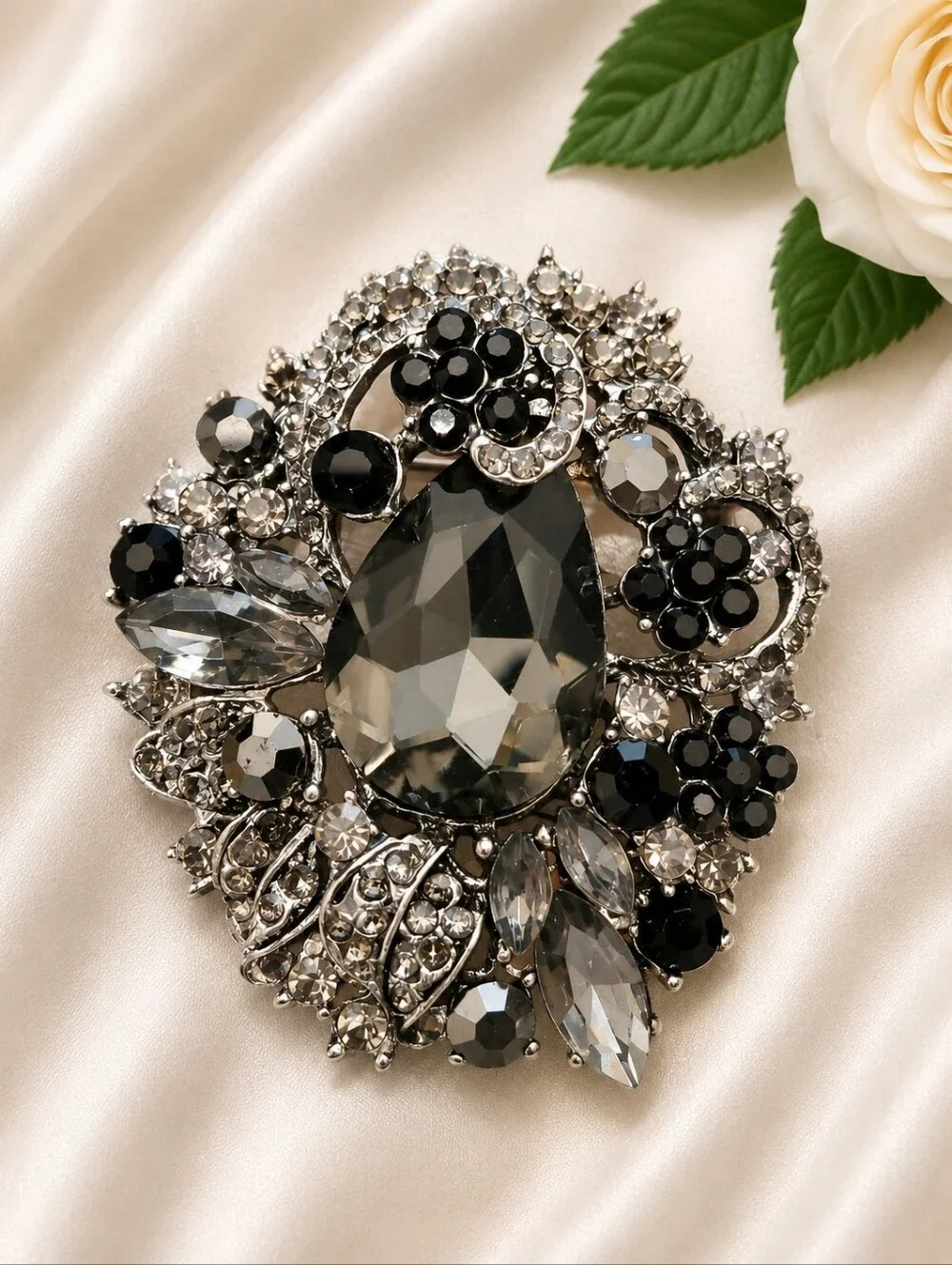 Black & Silver Crystal Statement Brooch Pin | Vintage Style